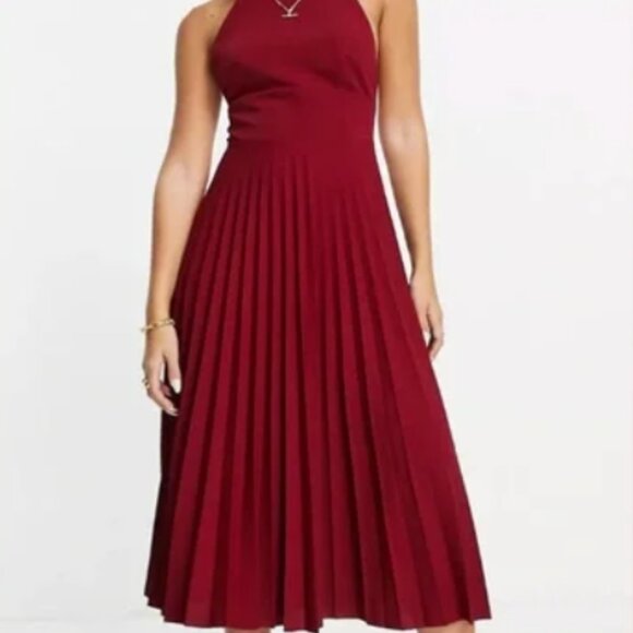 ASOS Design Red Racerback Pleated Dress, Size 6 - Picture 1 of 9